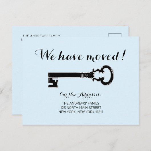 Eenvoudige  minimalistische Pastel Blue Key Bewege Aankondigingskaart (Voorkant / Achterkant)