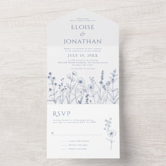 Eenvoudige minimalistische Periwinkle Wildflower b All In One Uitnodiging (Binnen)