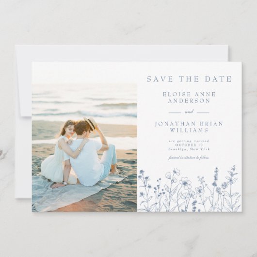 Eenvoudige minimalistische Periwinkle Wildflower F Save The Date (Voorkant)