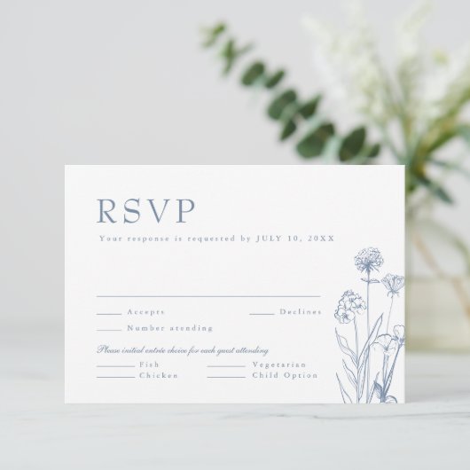 Eenvoudige minimalistische Periwinkle Wildflower W RSVP Kaartje (Staand voorkant)