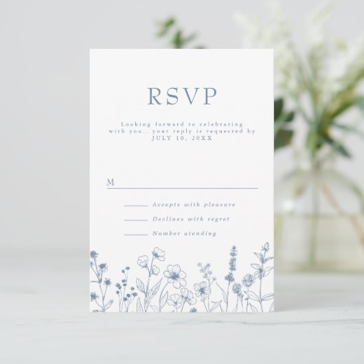 Eenvoudige minimalistische Periwinkle Wildflower W RSVP Kaartje (Staand voorkant)