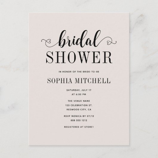 Eenvoudige Minimalistische Script Hart Bruidsdouch Briefkaart (Voorkant)