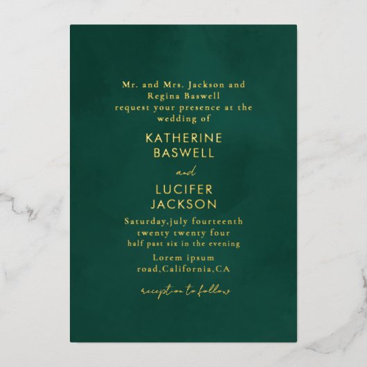 Eenvoudige minimalistische smaragd groen bruiloft folie uitnodiging (Voorkant)