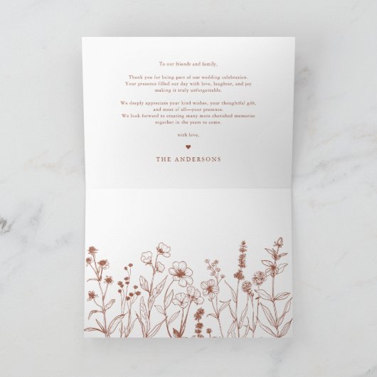 Eenvoudige minimalistische Terracotta Wildflower b Bedankkaart (Binnen)