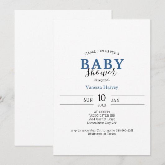 Eenvoudige minimalistische uitnodiging tot Baby sh (Voorkant / Achterkant)