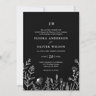 Eenvoudige minimalistische Wildflower Black Weddin Kaart
