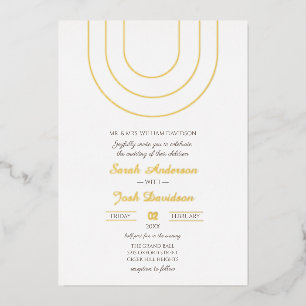 Eenvoudige minimalistische witte en gouden bruilof folie uitnodiging