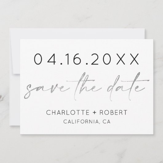 Eenvoudige minimalistische zilvermanuscriptdoopvon save the date (Voorkant)
