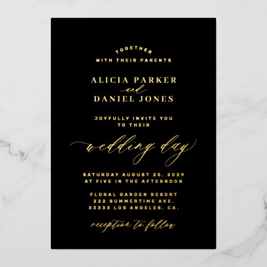 Eenvoudige minimalistische zwart en goud elegante  folie uitnodiging (Voorkant)