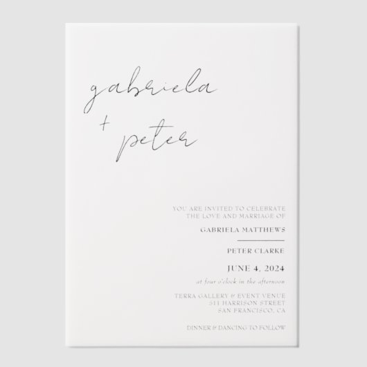 Eenvoudige minimalistische zwart-wit moderne bruil vellum uitnodigingen (Voorkant)