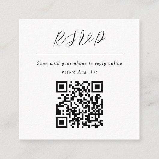 Eenvoudige minimalistische zwart-wit rsvp qr code informatiekaartje (Voorkant)