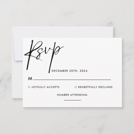 Eenvoudige minimalistische zwart-wit script bruilo RSVP kaartje (Voorkant)