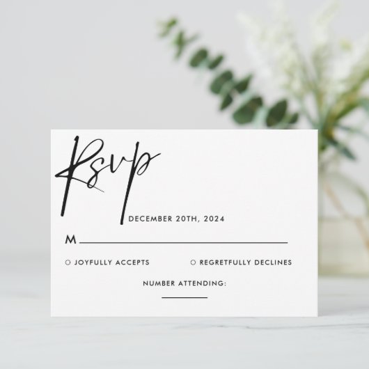 Eenvoudige minimalistische zwart-wit script bruilo RSVP kaartje (Staand voorkant)