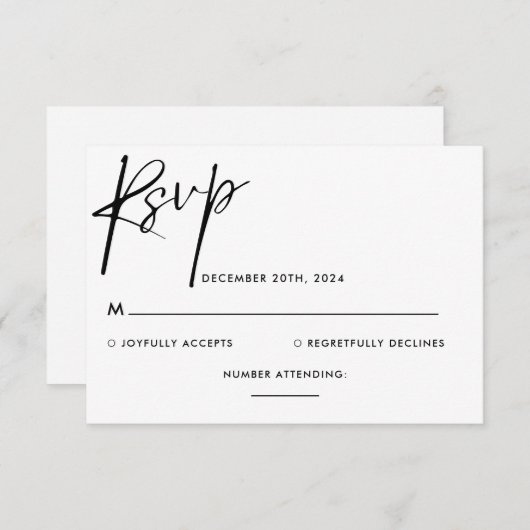 Eenvoudige minimalistische zwart-wit script bruilo RSVP kaartje (Voorkant / Achterkant)