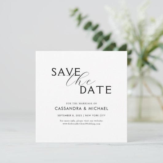 Eenvoudige minimalistische zwart-wit script bruilo save the date (Staand voorkant)