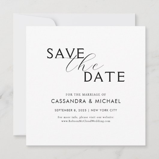 Eenvoudige minimalistische zwart-wit script bruilo save the date (Voorkant)