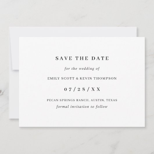 Eenvoudige minimalistische zwart-witweergave save the date (Voorkant)