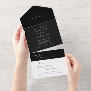 Eenvoudige, minimalistische zwarte en witte elegan all in one uitnodiging