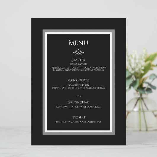 Eenvoudige, minimalistische zwarte en witte elegan menu (Staand voorkant)