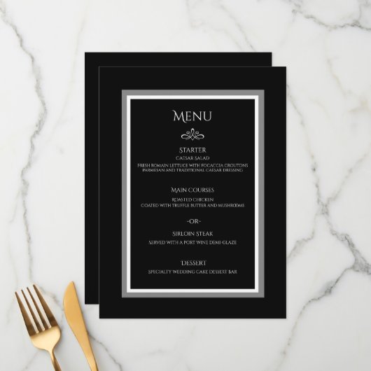 Eenvoudige, minimalistische zwarte en witte elegan menu (Voorkant / Achterkant in situ)