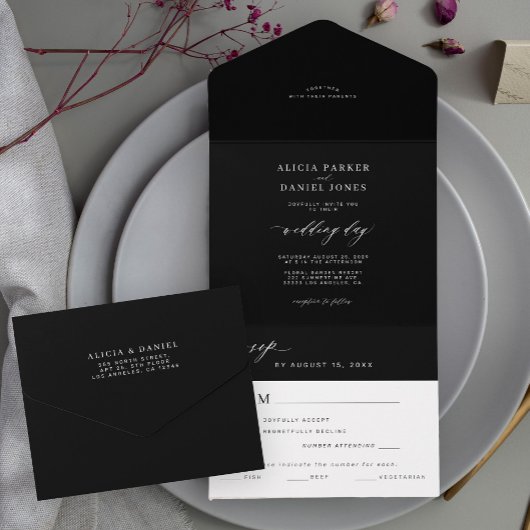 Eenvoudige minimalistische zwarte en witte elegant all in one uitnodiging