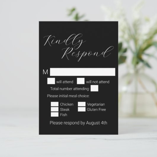 Eenvoudige Minimalistische Zwarte Script Maaltijdk RSVP Kaartje (Staand voorkant)