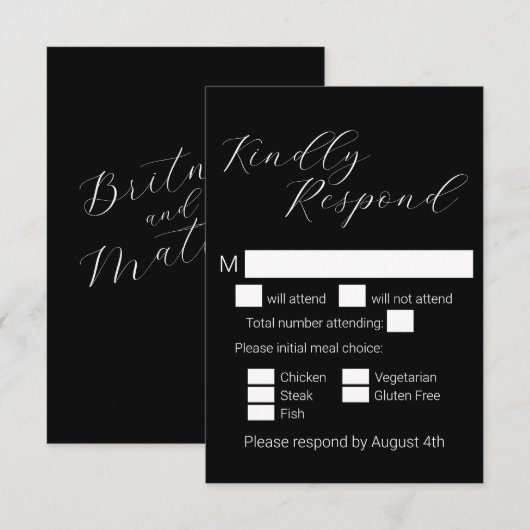 Eenvoudige Minimalistische Zwarte Script Maaltijdk RSVP Kaartje (Voorkant / Achterkant)