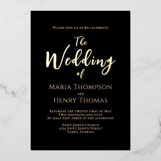 Eenvoudige minimalistische zwarte-scriptkalligrafi folie uitnodiging (Voorkant)