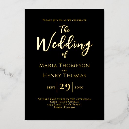 Eenvoudige minimalistische zwarte-scriptkalligrafi folie uitnodiging (Voorkant)
