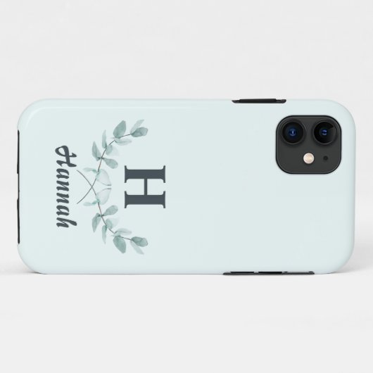 Eenvoudige Mint Green Eucalyptus Leaf Monogramed Case-Mate iPhone Case (Achterkant (horizontaal))