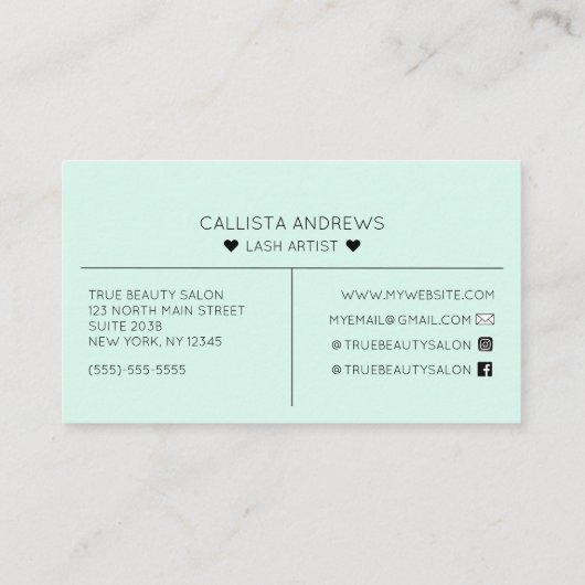 Eenvoudige  Mint Green Hearts Typography Lashes Visitekaartje (Achterkant)