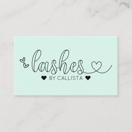 Eenvoudige Mint Green Hearts Typography Lashes Visitekaartje (Voorkant)