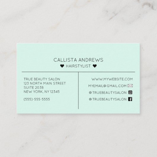 Eenvoudige Mint Groene Harten Typografie Haar Visitekaartje (Achterkant)
