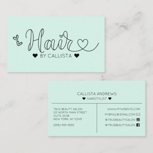 Eenvoudige Mint Groene Harten Typografie Haar Visitekaartje (Voorkant / Achterkant)