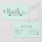 Eenvoudige Mint Hearts Typografie Nail Tech Visitekaartje (Voorkant / Achterkant)