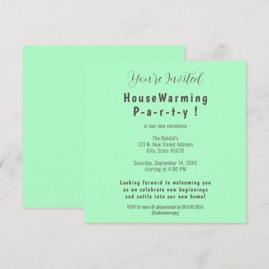 Eenvoudige Mint Seafoam Green Housewarming Uitnodi Aankondiging (Voorkant / Achterkant)