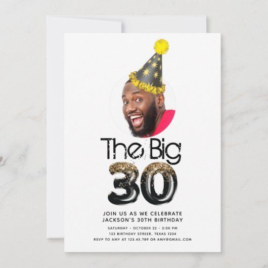Eenvoudige moderne 30e verjaardag Foto zwart Gold Kaart (Voorkant)
