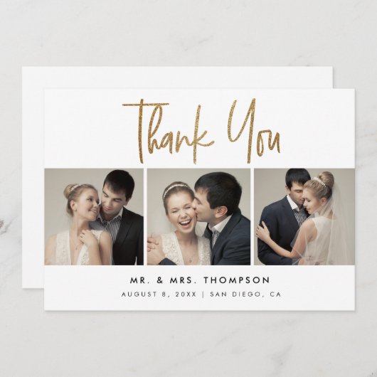Eenvoudige moderne aangepaste 3 bruiloft foto's bedankkaart (Voorkant / Achterkant)