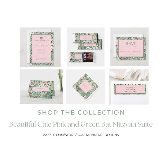 Eenvoudige Moderne Bat Mitzvah Roze en Groen Kaart