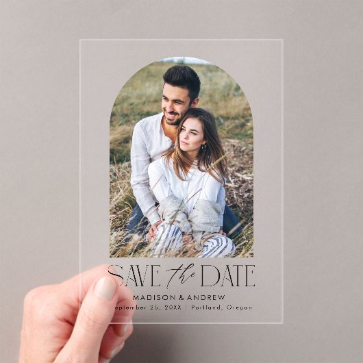 Eenvoudige moderne Black Arch-foto Sla de datum op Acryl Uitnodigingen (Insitu (Draagbaar))