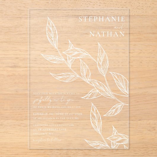 Eenvoudige moderne bladeren bruiloft acryl uitnodigingen (Voorkant)