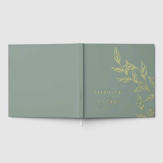 Eenvoudige moderne bladeren Sage Green Wedding Gol Gastenboek (Volledig)