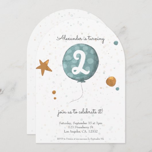 Eenvoudige moderne blauwe ballon 2e verjaardag boo kaart (Voorkant / Achterkant)