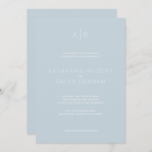 Eenvoudige, moderne, blauwe bruiloft kaart (Voorkant / Achterkant)