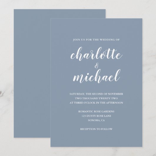 Eenvoudige, moderne, blauwe bruiloft kaart (Voorkant / Achterkant)