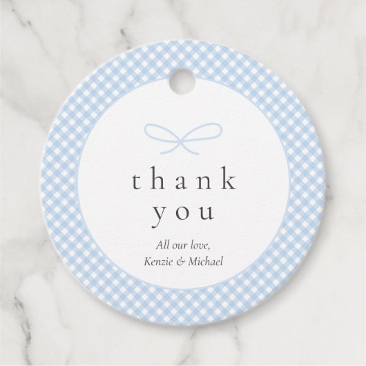 Eenvoudige moderne blauwe geplakte boog bedankjes labels (Voorkant)