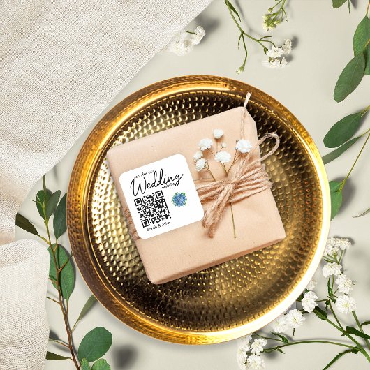 Eenvoudige moderne blauwe hydrangea Weddenschap QR Vierkante Sticker