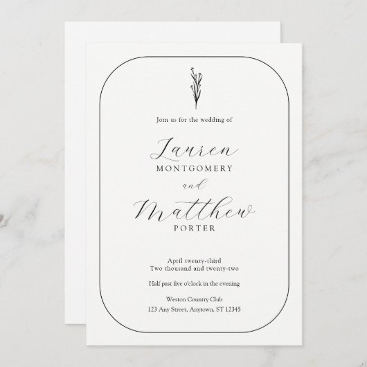 Eenvoudige moderne bloemen zwart-wit bruiloft kaart (Voorkant / Achterkant)