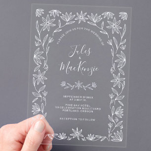 Eenvoudige Moderne Bloemlijn Kunst Witte Huwelijk Acryl Uitnodigingen