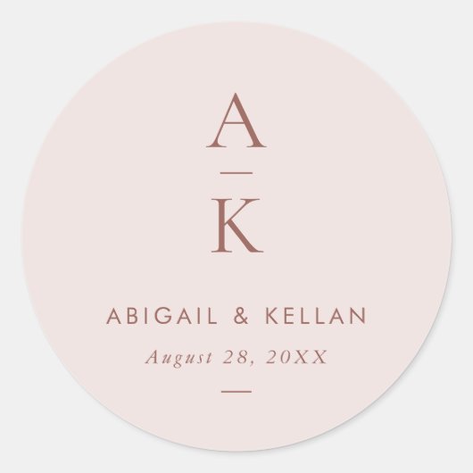 Eenvoudige Moderne Blush Bruin Monogram Bruiloft Ronde Sticker (Voorkant)